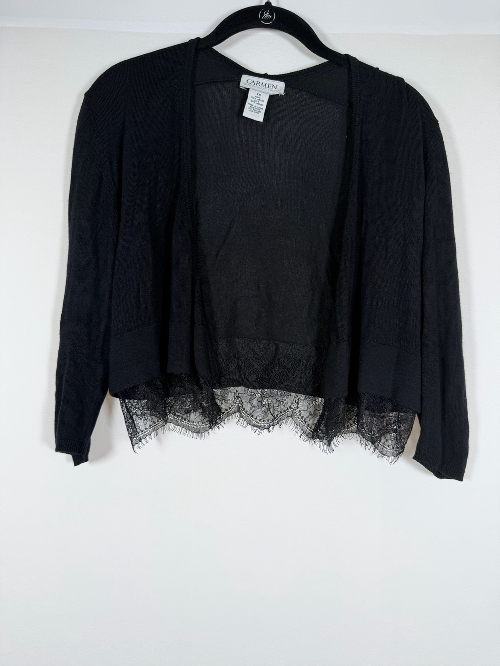 Carmen Marc Valvo Black Lace-Hem Cropped Cardigan Fringe, Whimsigoth